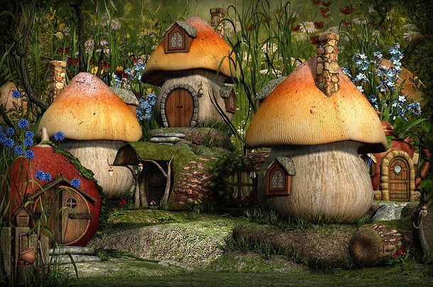 一个有小妖精小屋的村庄的3d计算机图形
