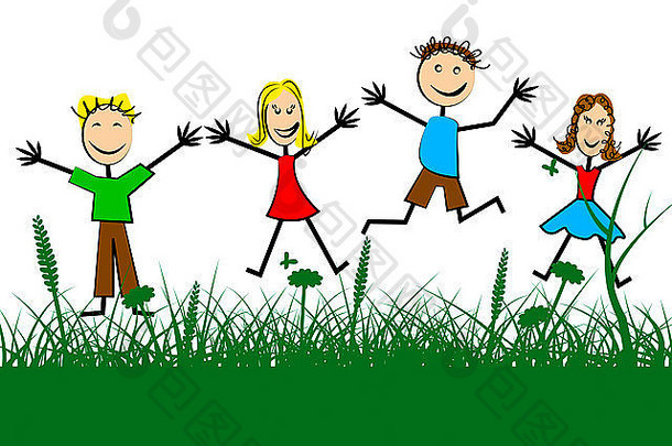 跳跃的孩子代表绿草和镜子