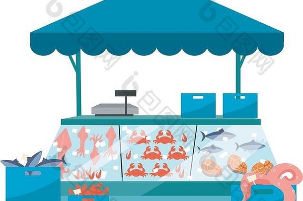 海鲜市场摊位平面图。冰上贸易帐篷里的新鲜海鲜，鱼柜台。夏季集市摊位。本地鱼市户外街