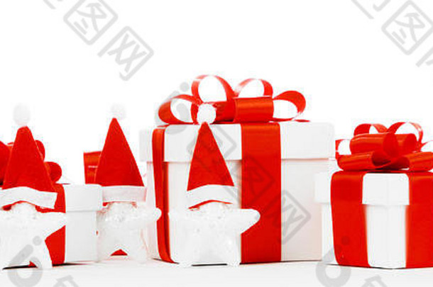 白色礼物盒子红色的丝带弓孤立的白色背景特写镜头