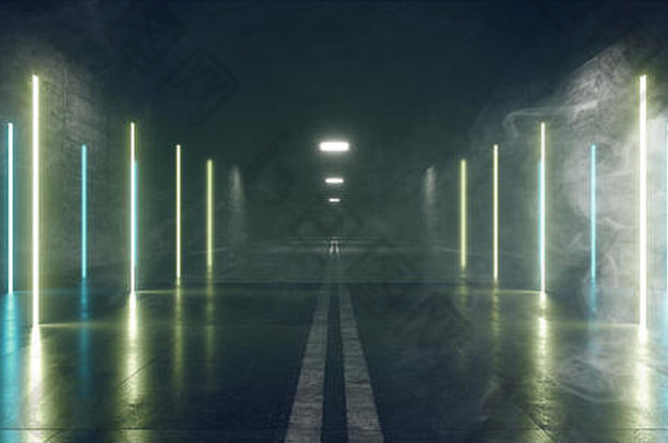 烟雾蒸汽燃烧道路沥青双线黑夜科幻未来派汽车霓虹灯背景激光发光光束浅绿色蓝色混凝土3D渲染