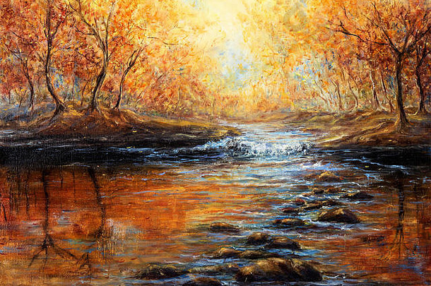 原始石油绘画美丽的秋天森林河帆布现代印象主义现代主义marinism