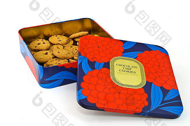 红花饼干盒和巧克力饼干。