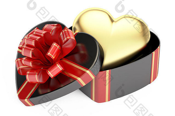 情人节的概念。黑色礼品盒，金色心形，3D渲染，白色背景隔离