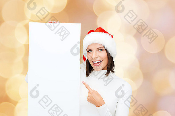 微笑的年轻女子，戴着圣诞帽，戴着白板