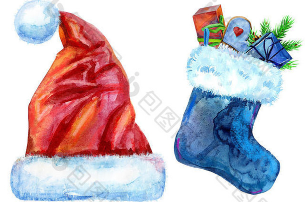 圣诞老人红色帽子和袜子作为礼物，水彩插图