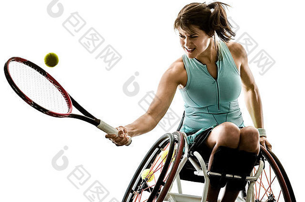 高加索人年轻的残疾网球球员女人轮椅体育运动tudio轮廓孤立的白色背景