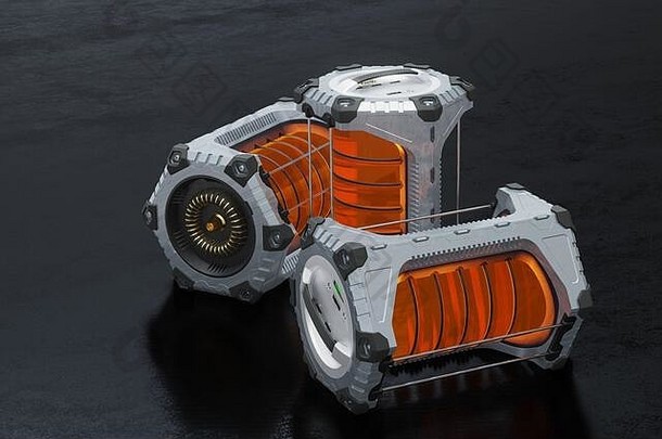 三个科幻六边形电池的侧视图，在黑暗的地板上放置一个橙色半透明圆筒
