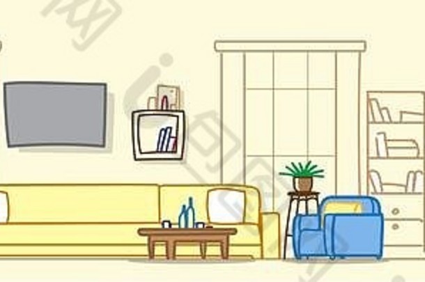 现代客厅带工作区空置无人住宅家具当代公寓房间草图涂鸦水平