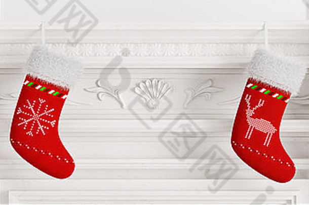 两个红色圣诞长袜挂在大理石雕刻的壁炉上3d渲染