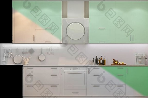 彩色小公寓的3d插图。现代风格的Interor设计厨房