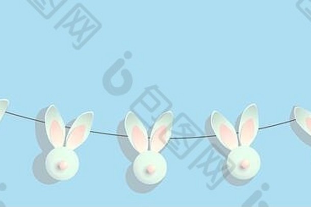复活节背景。节日设计组成俯视图。兔子。金色五彩纸屑装饰，兔子花环。。复活节快乐。横幅
