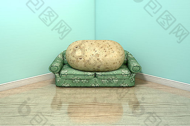 一个土豆坐在一个老式沙发上的文字描述，在一个有灯光的空房间的角落里有一个花织物