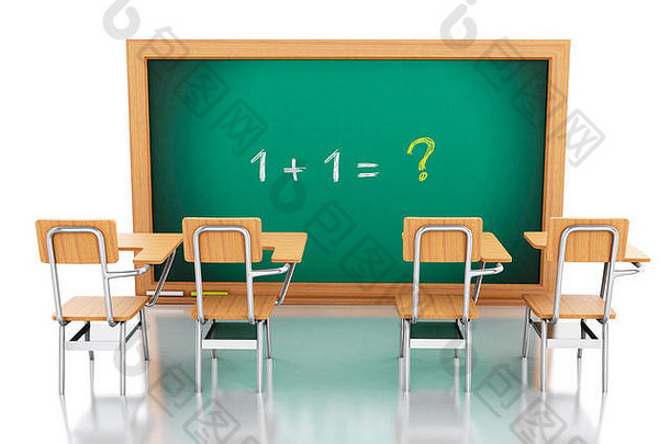 3d渲染器图像。教室里有椅子，黑板上有<strong>数学题</strong>。教育理念。孤立的白色背景。