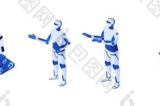 技术机器人未来等距图。机器人插图卡特彼勒底盘上的人形白色半机械人机器人。