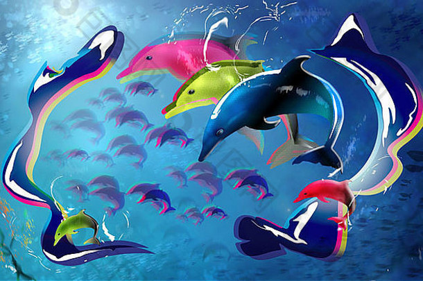 色彩鲜艳的海豚海数字插图效果