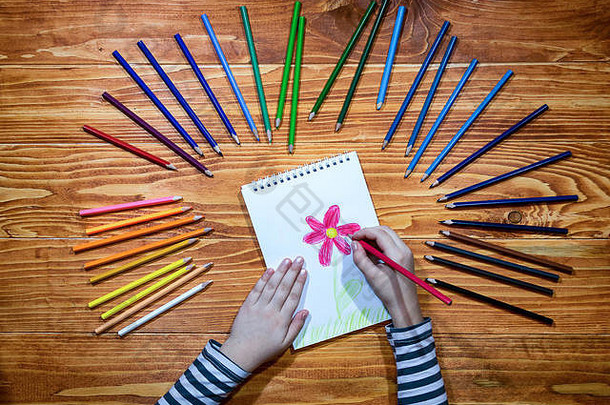 孩子的手生花笔记本颜色铅笔木表格