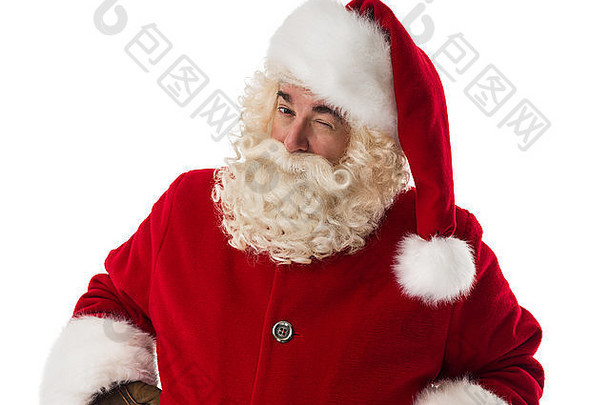 圣诞老人眨眼。隔离在白色背景上的肖像