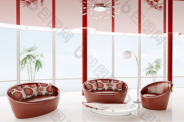 白红色内饰，带两张沙发和扶手椅3d渲染