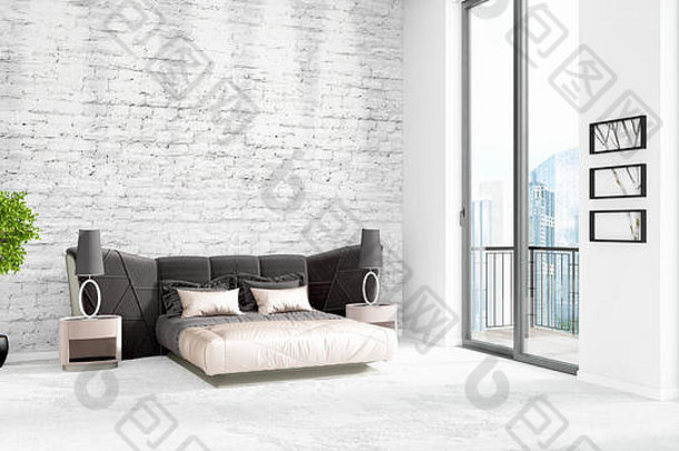 全新的白色阁楼卧室简约风格的室内设计，带有空间<strong>墙</strong>面和窗外的景观。三维渲染。