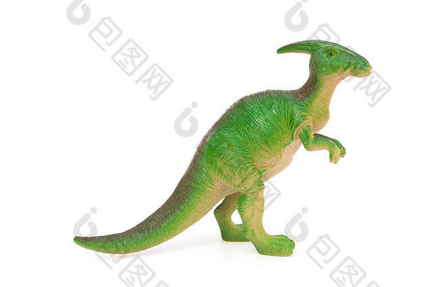 侧视图白色背景上的绿色Parasaurolophus玩具
