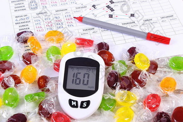 血糖仪、笔和彩色糖果在医疗表格上显示测量血糖水平、检查和测量血糖水平、减少进食量的结果