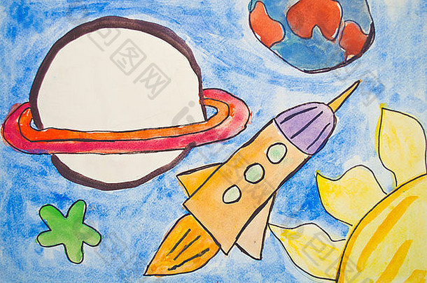 孩子们画的有行星和恒星的宇宙