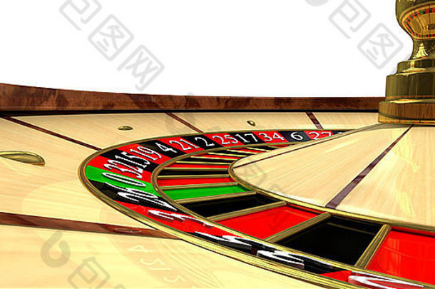 一个普通的木制赌轮，在孤立的背景上有红色和黑色标记和金色细节