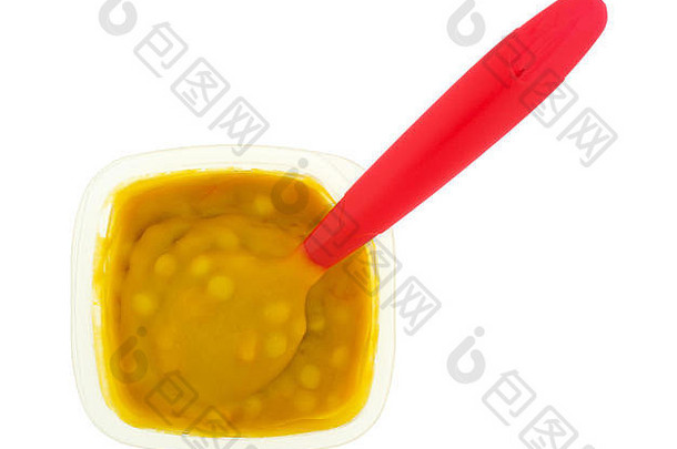 前视图通心粉奶酪婴儿食物小塑料红色的勺子容器孤立的白色背景