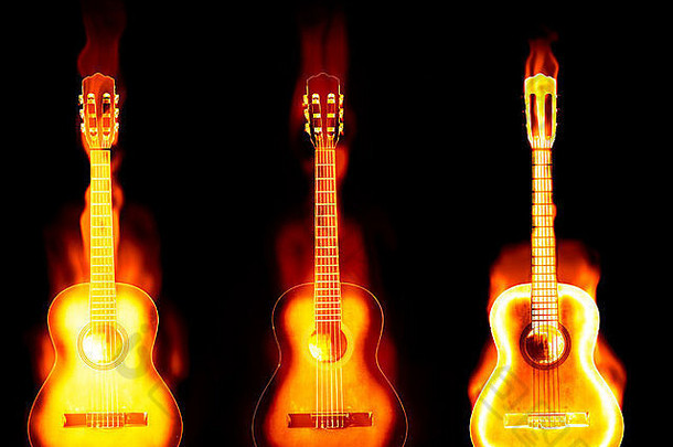 一把原声吉他着火的三张照片