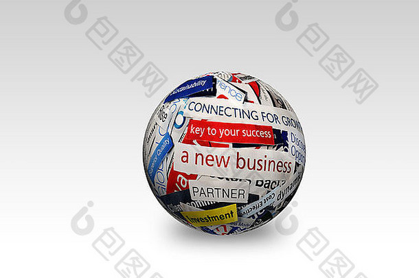 3D球体上关于世界经济的报纸标题拼贴