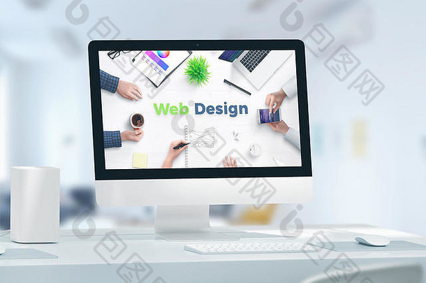 网页，应用程序设计工作室概念，电脑显示和网页设计文本。网络团队办公室的概念。