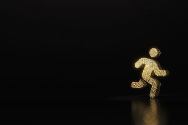 金色闪光象征跑步者在黑色背景上3D渲染，模糊反射，闪烁