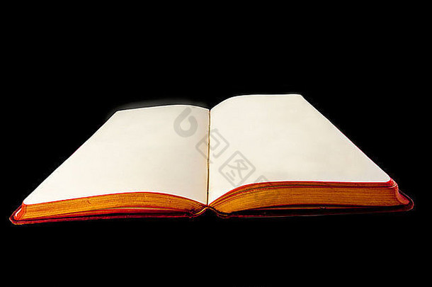 打开有红色和金色书<strong>页边</strong>缘的旧书。空白<strong>页</strong>，隔离在白色上。