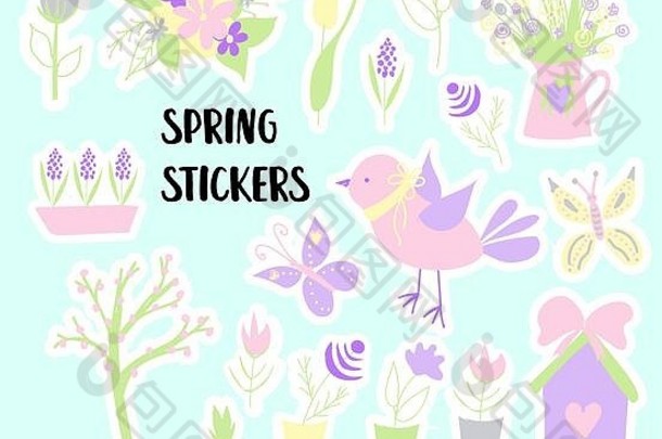 复活节弹簧贴纸。复活节快乐。用于创建明信片的元素。鸟，花，鸟舍。柔和的颜色。。