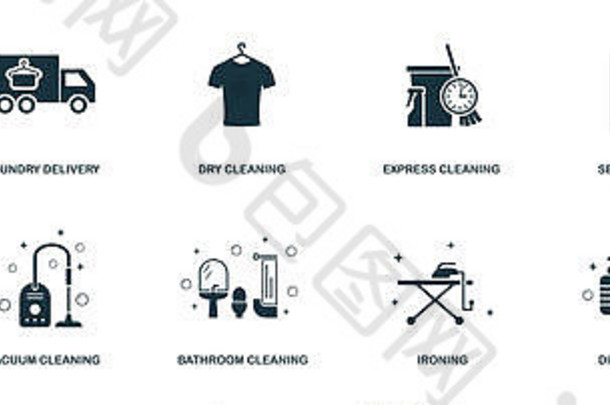 设置图标集合。包括简单的元素，如洗衣房递送、干洗、快递、自助洗衣、清洁