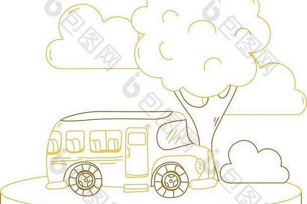 城市里的彩线校车，云和树