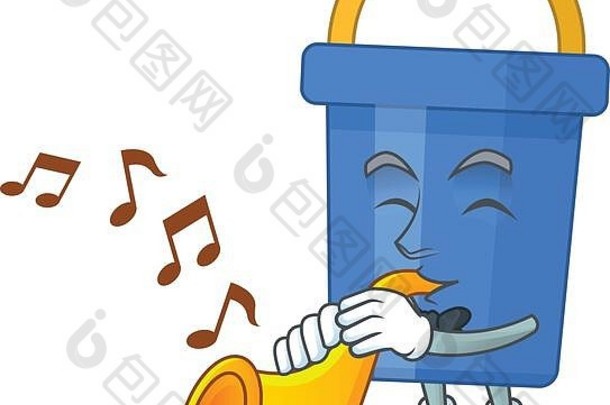 有才华的音乐家蓝色的沙子桶吉祥物设计玩音乐小号
