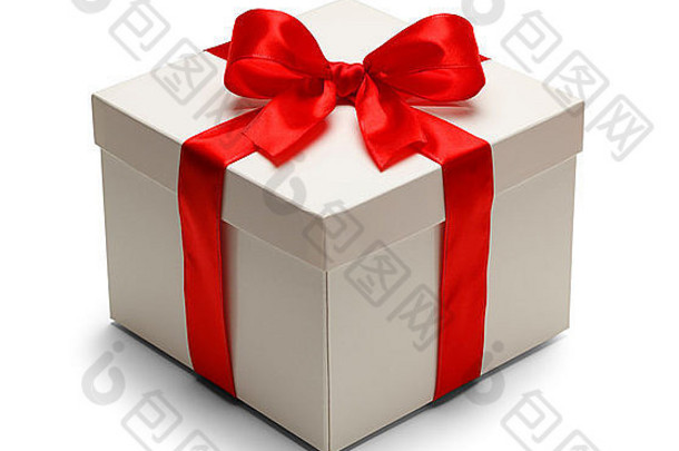 礼品盒，顶部有盖子，红结，丝带隔离在白色背景上。