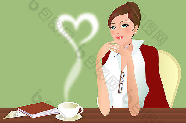 女人坐着表格蒸汽形状心新兴杯茶