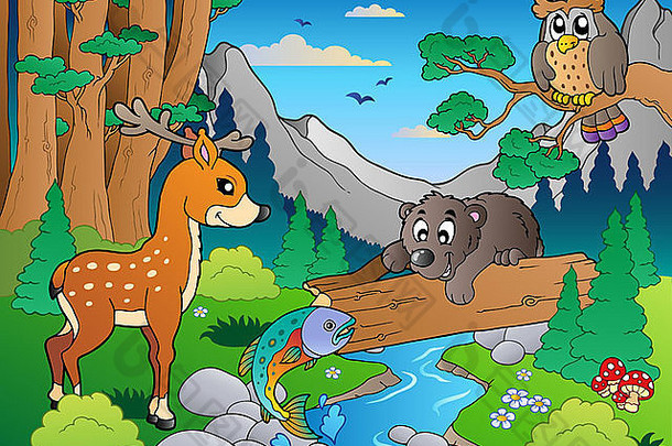 森林场景动物颜色插图