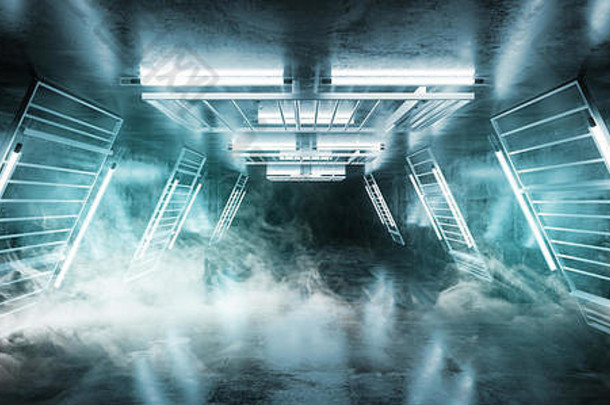 烟雾阶段跳舞霓虹灯激光蓝色的荧光sci未来主义的复古的光管场景难看的东西混凝土反光讲台上走廊呈现