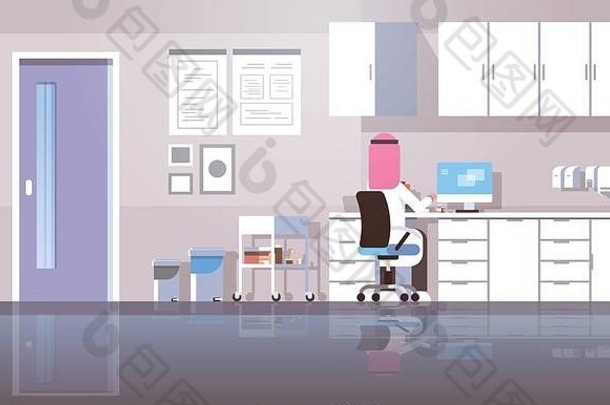 阿拉伯男人。牙医戴坐着工作场所电脑后视图阿拉伯语医生统一的工作过程现代诊所办公室室内平