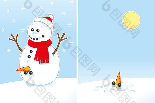 令人高兴的是，一个戴着红围巾和圣诞帽的胡萝卜和煤炭生殖器的雪人终于在阳光下融化了