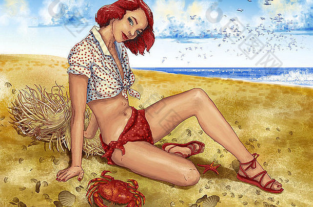 美丽年轻女子在海滩上放松的插图