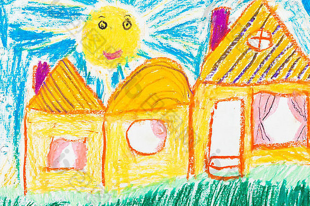 儿童绘画-阳光下的乡村房屋