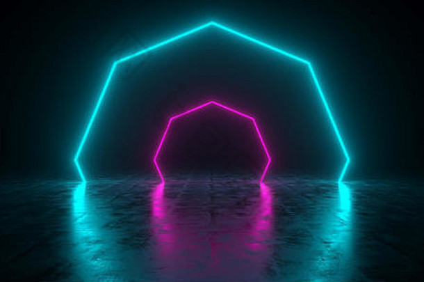 未来主义的sci发光的霓虹灯形状<strong>蓝色</strong>的紫色的彩色的黑暗房间混凝土地板上呈现插图