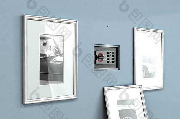 一个封闭的隐藏墙保险柜在一个有着闪亮木地板的房子里的蓝色平墙上的挂框图片后面展示-3D渲染