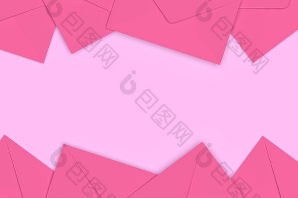 粉色背景上空色信封的3D渲染。