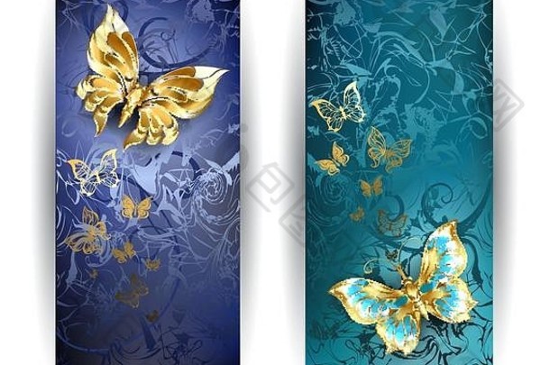 两个垂直的矩形横幅，蓝色背景上有金蝴蝶。